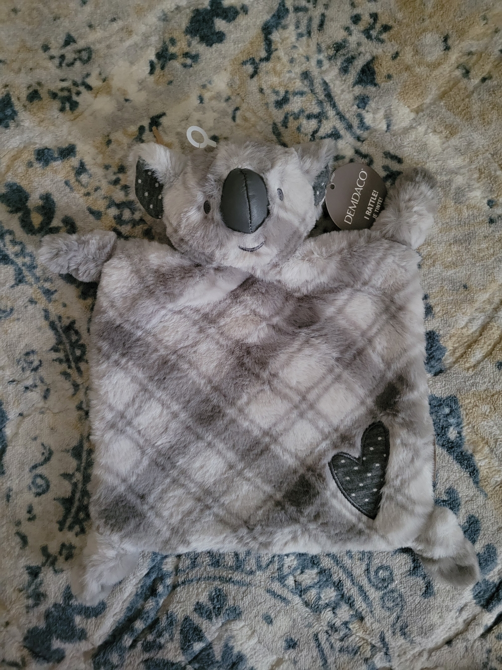 NWT Rattle Blankie. Gray Plaid Koala Lovey with Heart Patch